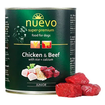 Nuevo Dog Junior - Консерва за подрастващи кучета с пилешко и говеждо месо, 3 броя х 400 гр.