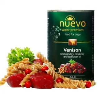 Nuevo Adult - Консервирана храна с месо от елен с паста и боровинки за израснали кучета, 3 броя х 400 гр.