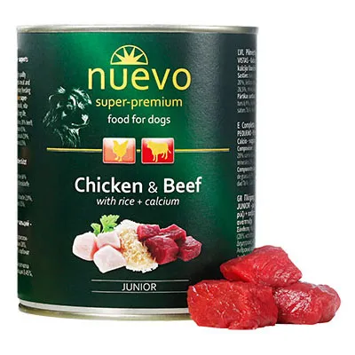 Nuevo Dog Junior - Консерва за подрастващи кучета с пилешко и говеждо месо,  2 броя х 800 гр.