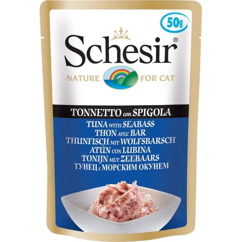 Schesir Pouch Tuna&Sea Bass In Jelly -Храна,пауч за израснали котки с риба тон и лаврак в желе - 6 броя х 50 гр.