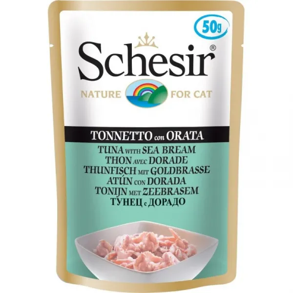 Schesir Pouch Tuna&Sea Bream In Jelly - Пауч за израснали котки с риба тон и ципура в желе, 6 броя х 50 гр.