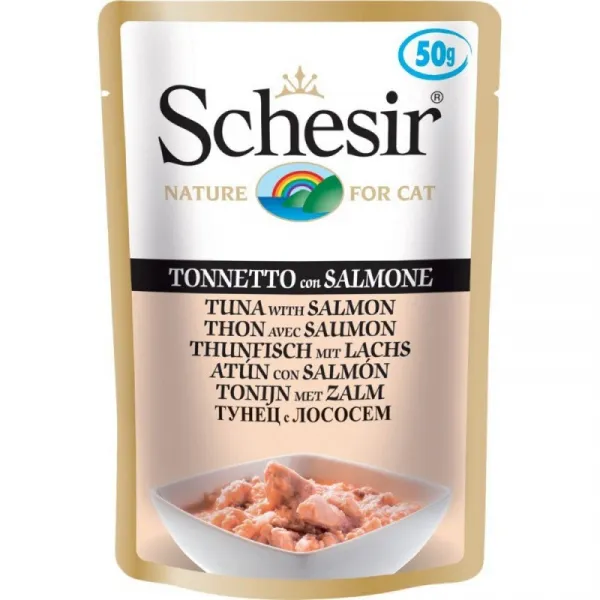 Schesir Pouch Tuna&Salmon In Jelly - Пауч за израснали котки с риба тон и сьомга в желе, 6 броя х 50 гр.