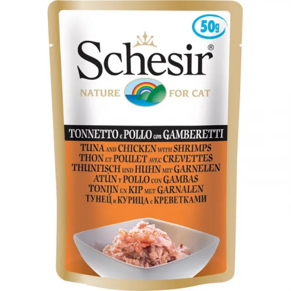 Schesir Pouch Tuna&Chicken With Shrimps In Jelly -Пауч за израснали котки с риба тон пиле и скариди в желе, 4 броя х 50 гр.