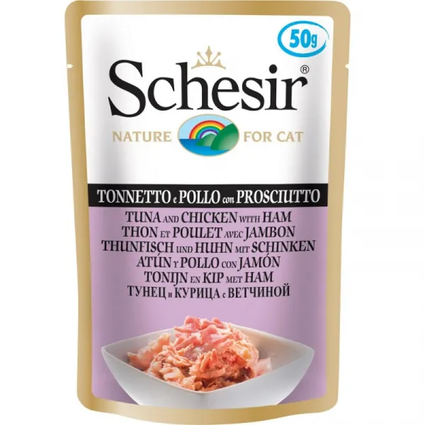 Schesir Pouch Tuna&Chicken With Ham In Jelly -Пауч за израснали котки с риба тон пиле и шунка в желе, 4 броя х 50 гр.