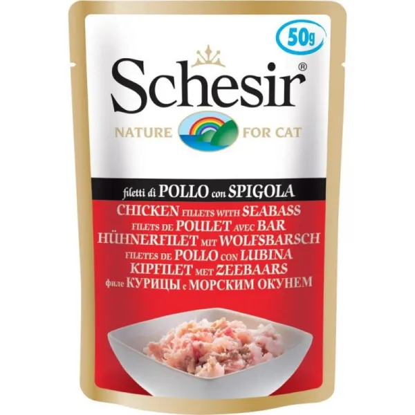 Schesir Pouch Chicken Fillets&Sea Bass In Jelly -Пауч за израснали котки с пилешки филенца и лаврак в желе, 4 броя х 50 гр.