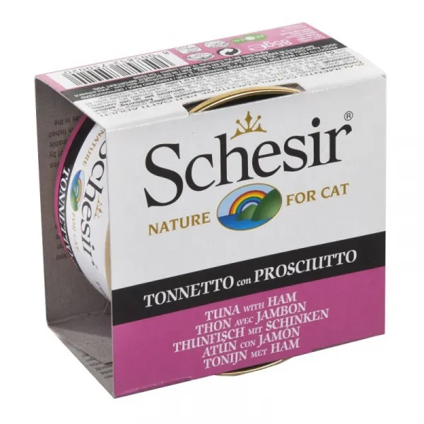 Schesir Tuna&Ham In Jelly -Консервирана храна за израснали котки с риба тон и шунка в желе, 4 броя х 85 гр.
