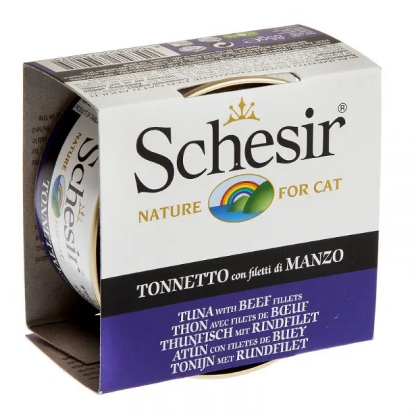 Schesir Tuna&Beef Fillets In Jelly -Консервирана храна за израснали котки с риба тон и говежди филенца в желе, 4 броя х 85 гр.