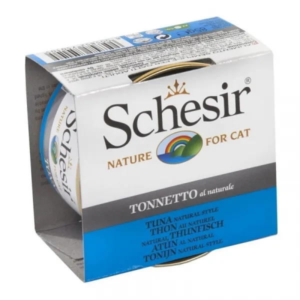 Schesir Tuna Natural Style -Консервирана храна за израснали котки с риба тон в собствен сос, 4 броя х 85 гр.