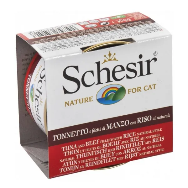 Schesir Tuna&Beef And Rice Natural Style-Консервирана храна за израснали котки с риба тон говеждо и ориз в собствен сос, 4 броя х 85 гр.