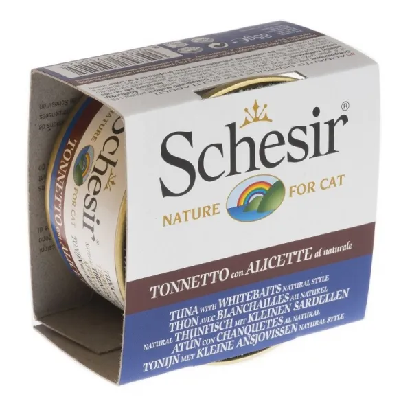 Schesir Tuna&Whitebaits Natural Style -Консервирана храна за израснали котки с риба тон и атерина в собствен сос, 4 броя х 85 гр.