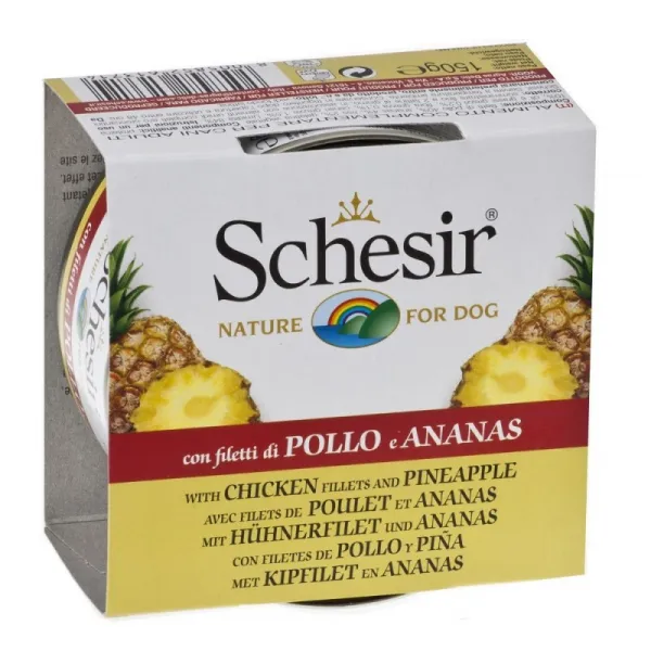 Schesir Chicken Fillets And Pineapple -Консервирана храна за израснали котки с пилешки филенца и ананас, 3 броя х 75 гр.