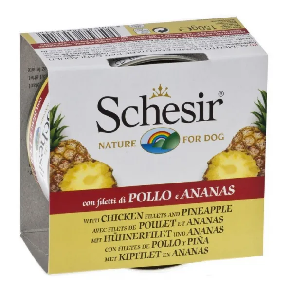 Schesir Chicken Fillet And Pineapple Консервирана храна за израснали кучета с пилешки филенца и ананас, 2 броя х 150 гр.
