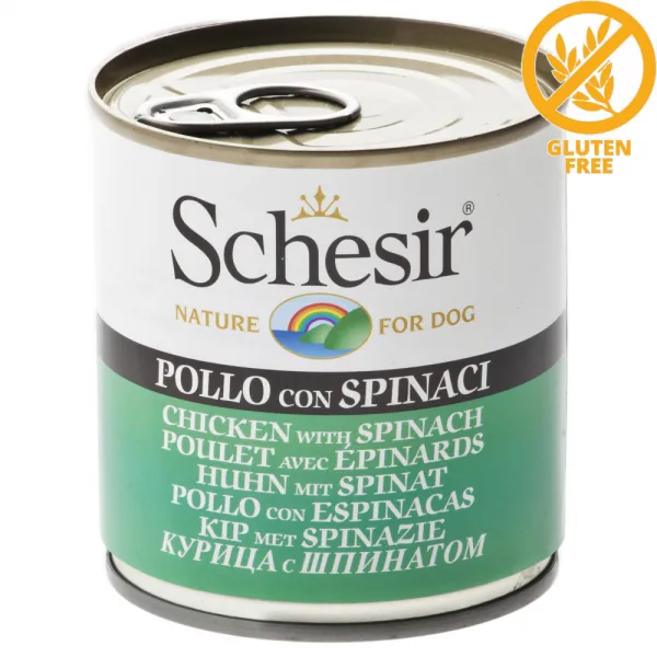 Schesir Dog Chicken with Spinach -Консервирана храна за кучета с пилешко и спанак в желе, 2 броя х 285 гр.