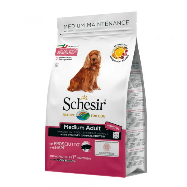 Schesir Medium Dog with Ham - Суха храна за израснали кучета от средни породи с шунка 12 кг.