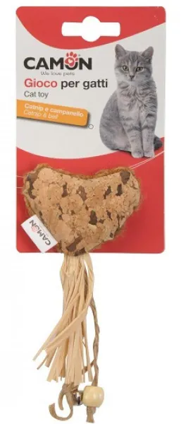 Camon Cat toy with catnip - heart with bell - Забавна котешка играчка корково сърце с въже и звънче