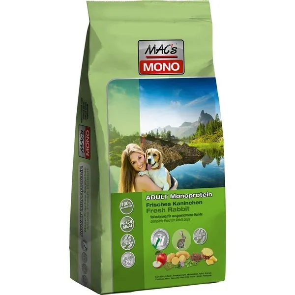 Mac’s Dry Adult Rabbit Monoprotein - Пълноценна суха храна  за кучета над 12 месеца със заешко месо и картофи, 12 кг.
