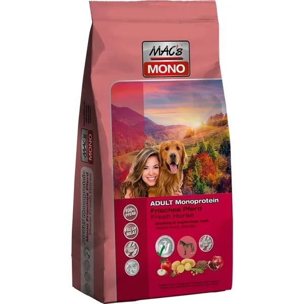 Mac’s Dry Adult Horse Monoprotein - Пълноценна суха храна за кучета над 12 месеца с конско месо и картофи ,12 кг.