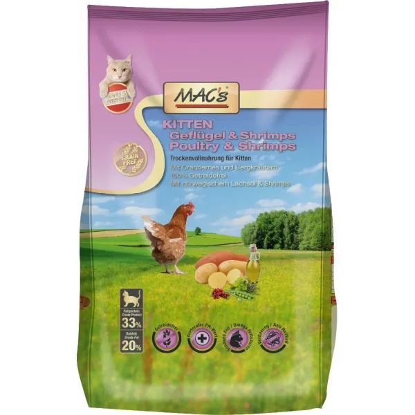 Mac’s KITTEN Poultry & Shrimps - Пълноценна суха храна за подрастващи котенца с пилешко и скариди 300 гр.
