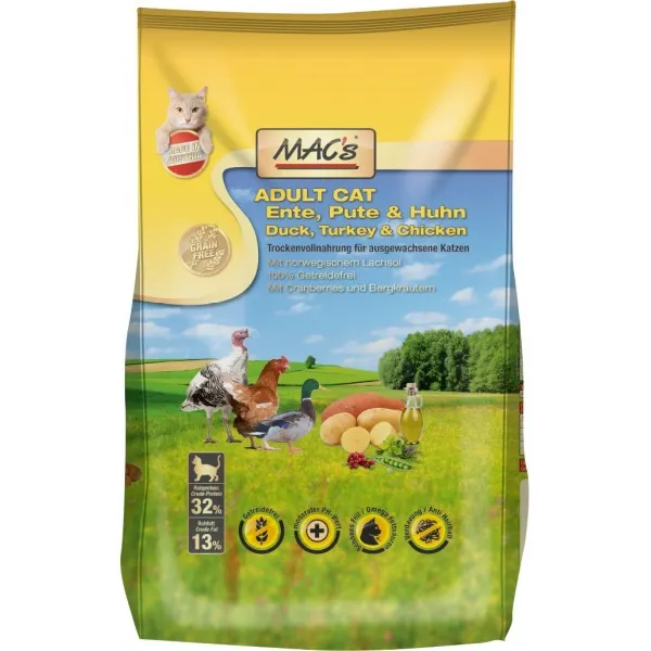 MAC`S CAT DRY – ADULT Duck, Turkey & Chicken - Пълноценна храна за израснали котки с патешко, пуешко и пилешко месо 300 гр.