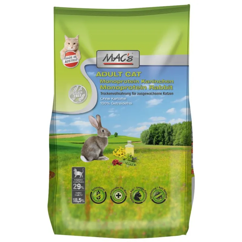 MAC`S CAT DRY – ADULT MONOPROTEIN RABBIT - Супер премиум пълноценна суха храна за израснали котки , без зърно , с заешко месо 300 гр.