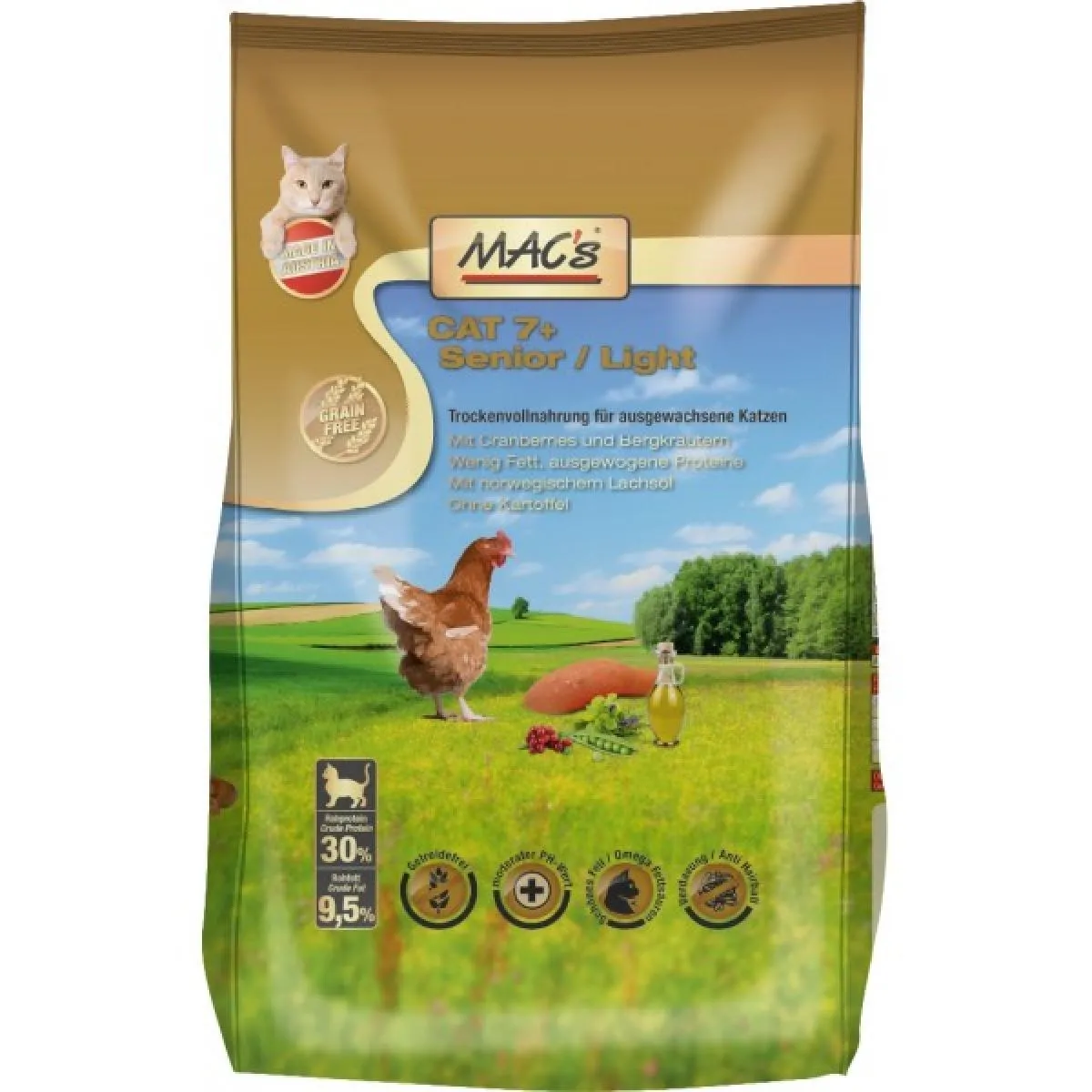 Mac’s 7+ Senior Chicken/ Light - Супер премиум суха храна за котки над 7 годишна възраст, без зърно , с пилешко месо ,червена боровинка и картофи 1.5 кг.