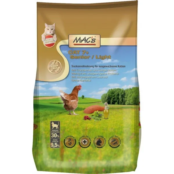 Mac’s 7+ Senior Chicken/ Light - Супер премиум суха храна за котки над 7 годишна възраст, без зърно , с пилешко месо ,червена боровинка и картофи 1.5 кг.
