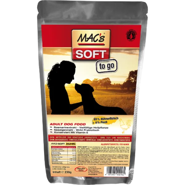 Mac’s Soft Chicken Adult - Пълноценна мека храна с пилешко месо и риба, подходяща за всички породи кучета от 1 до 12 месеца, 5 кг.