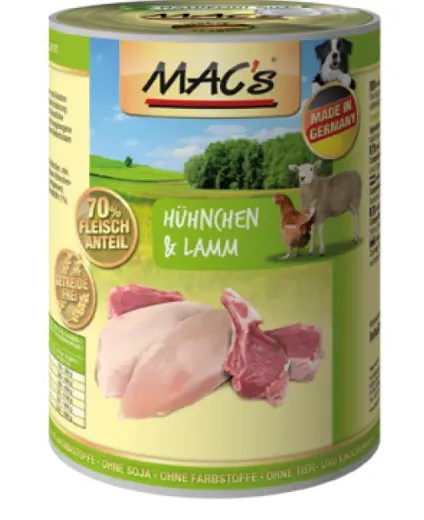 Mac's Dog chicken lamb - Пълноценна консервирана храна за кучета,без зърно, с пилешко и агнешко месо, 2 броя х 800 гр.