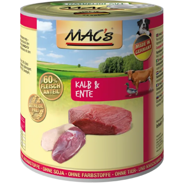 Mac's Dog beef and duck - Пълноценна консервирана храна за кучета с телешко и патешко месо, 3 броя х 400 гр.
