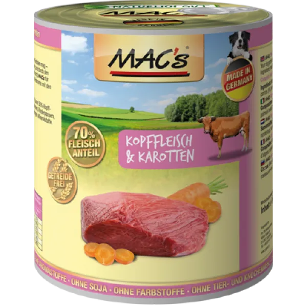 Mac's dog beef and carrot - Пълноценна консервирана храна за кучета с говеждо месо и моркови, 2 броя х 800 гр.