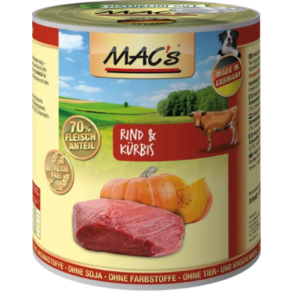 Mac's dog Beef and pumpkin - Пълноценна консервирана храна за кучета с говеждо месо и тиква, 2 броя х 800 гр.