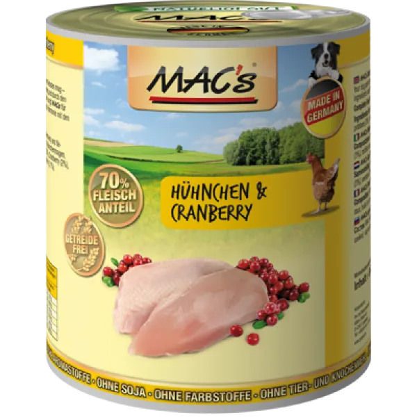 Mac's dog chicken - Пълноценна консервирана храна за кучета, без зърно , с пилешко месо и боровинки, 2 броя х 800 гр.