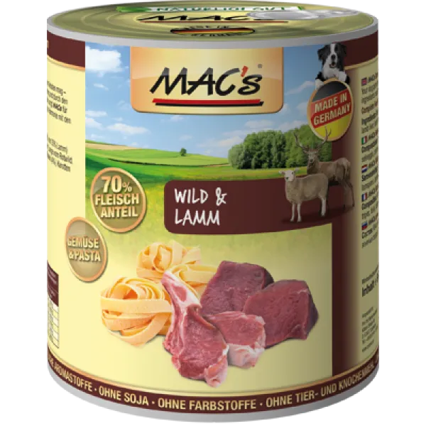Mac's dog wild and lamb - Пълноценна консервирана храна за кучета, без зърно , с дивеч и агнешко месо, 2 броя х 800 гр.