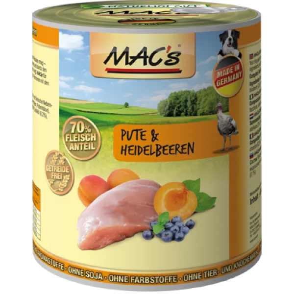 Mac's Dog Turkey - Пълноценна консервирана храна за кучета , без зърно , с пуешко месо боровинки и кайсии, 3 броя х 400 гр.