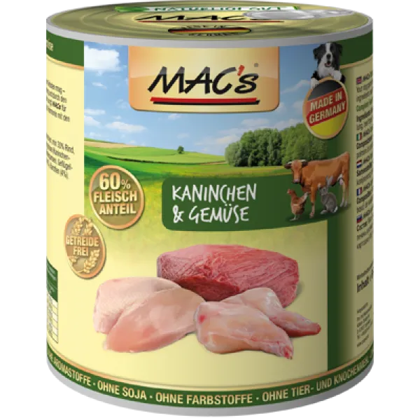 Mac's Dog rabbit meat and vegetables - Пълноценна консервирана храна за кучета , без зърно , с заешко месо и зеленчуци, 3 броя х 400 гр.