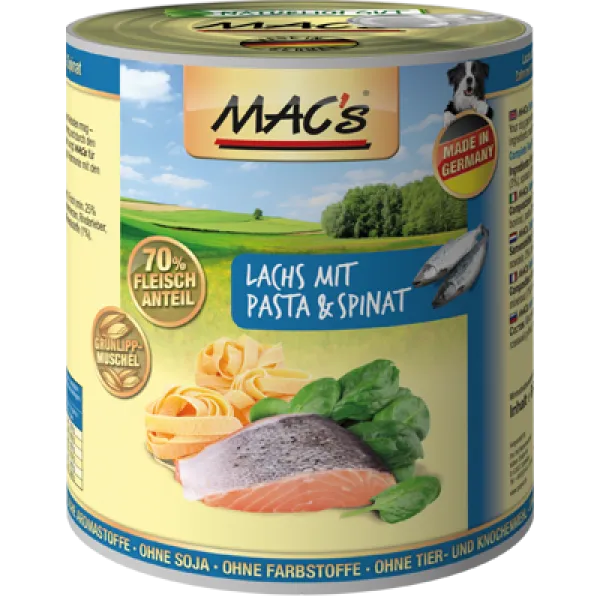 Mac's Dog Salmon - Пълноценна консервирана храна за кучета , без зърно , със сьомга и спанак, 3 броя х 400 гр.