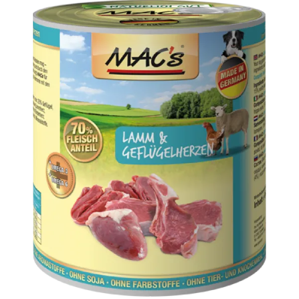 Mac's Dog Lamb chicken hearts - Пълноценна консервирана храна за кучета , без зърно , с агнешко месо и пилешки сърца, 2 броя х 800 гр.