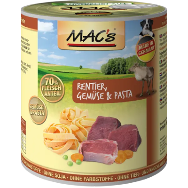 Mac's Dog Deer - Пълноценна консервирана храна за кучета, без зърно , с месо от северен елен и зеленчуци, 3 броя х 400 гр.