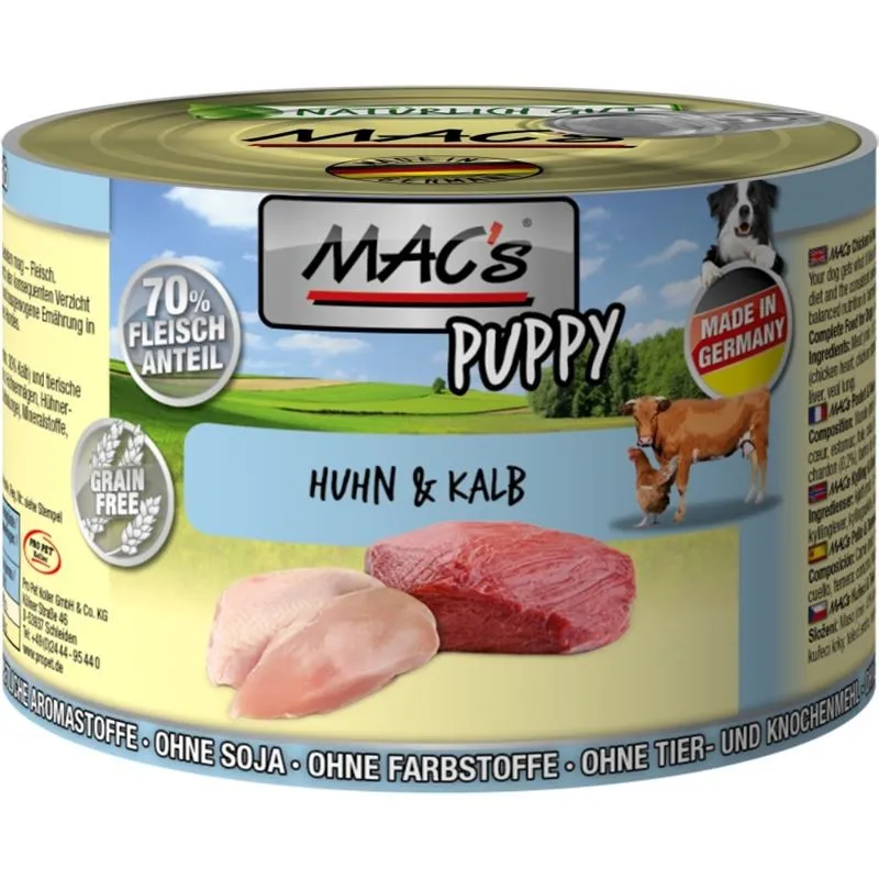 Mac's Dog Puppy chicken and beef - Пълноценна консервирана храна за подрастващи кученца, без зърно , с пилешко и говеждо, 4 броя х 200 гр.