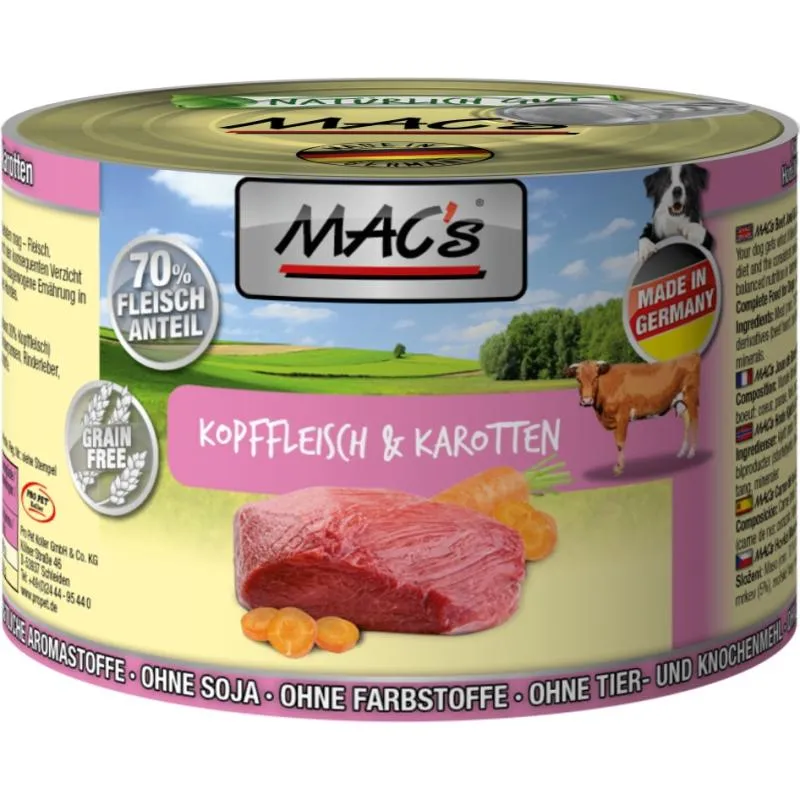 Mac's Dog Beef Adult - Пълноценна консервирана храна за израснали кучета , без зърно , с говеждо от врат и моркови, 4 броя х 200 гр.