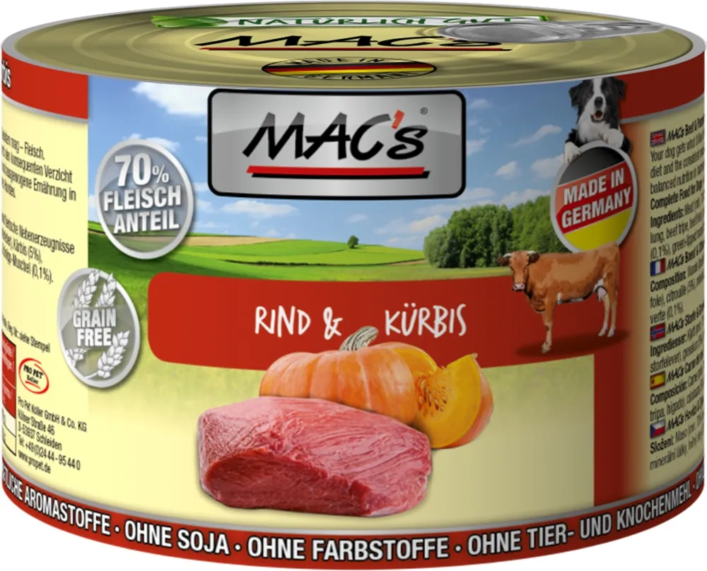 Mac's Dog Adult Beef and pumpkin - Пълноценна консервирана храна за израснали кучета,без зърно , с говеждо и тиква, 4 броя х 200 гр.