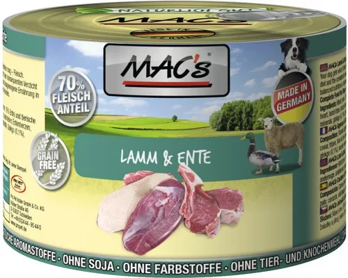 Mac's Dog Lamb and duck - Пълноценна консервирана израснали храна за кучета , без зърно , с агнешко меси и патешко месо, 4 броя х 200 гр.