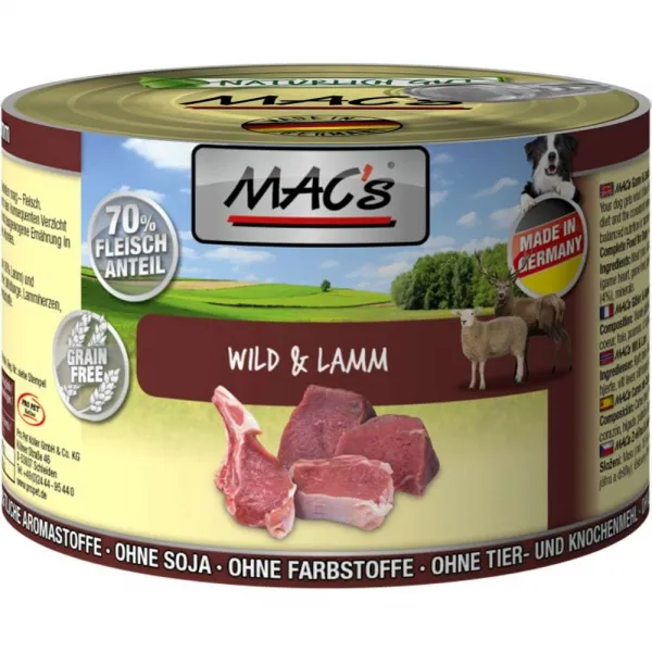 Mac's Dog Wild and Lamb - Пълноценна консервирана храна за израснали кучета, без зърно , с дивеч и агнешко месо, 4 броя х 200 гр.