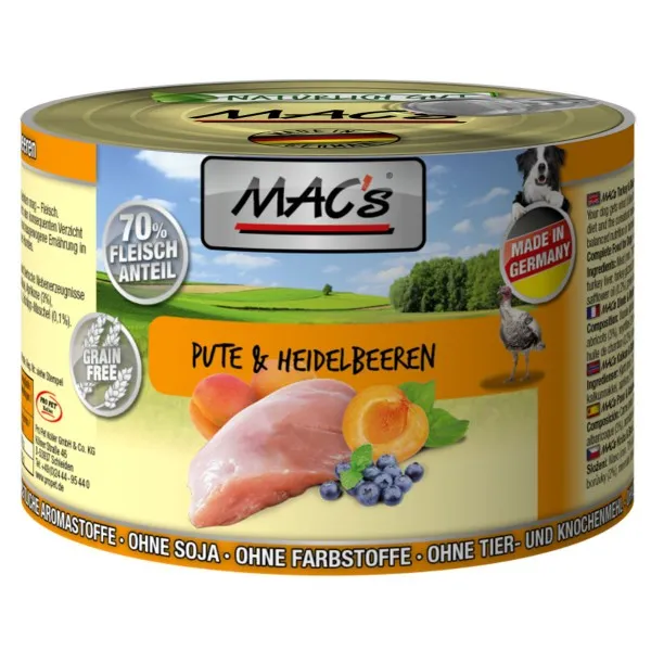Mac's Dog Adult Turkey - Пълноценна консервирана храна за израснали кучета , без зърно , с пуешко месо и боровинка, 4 броя х 200 гр.
