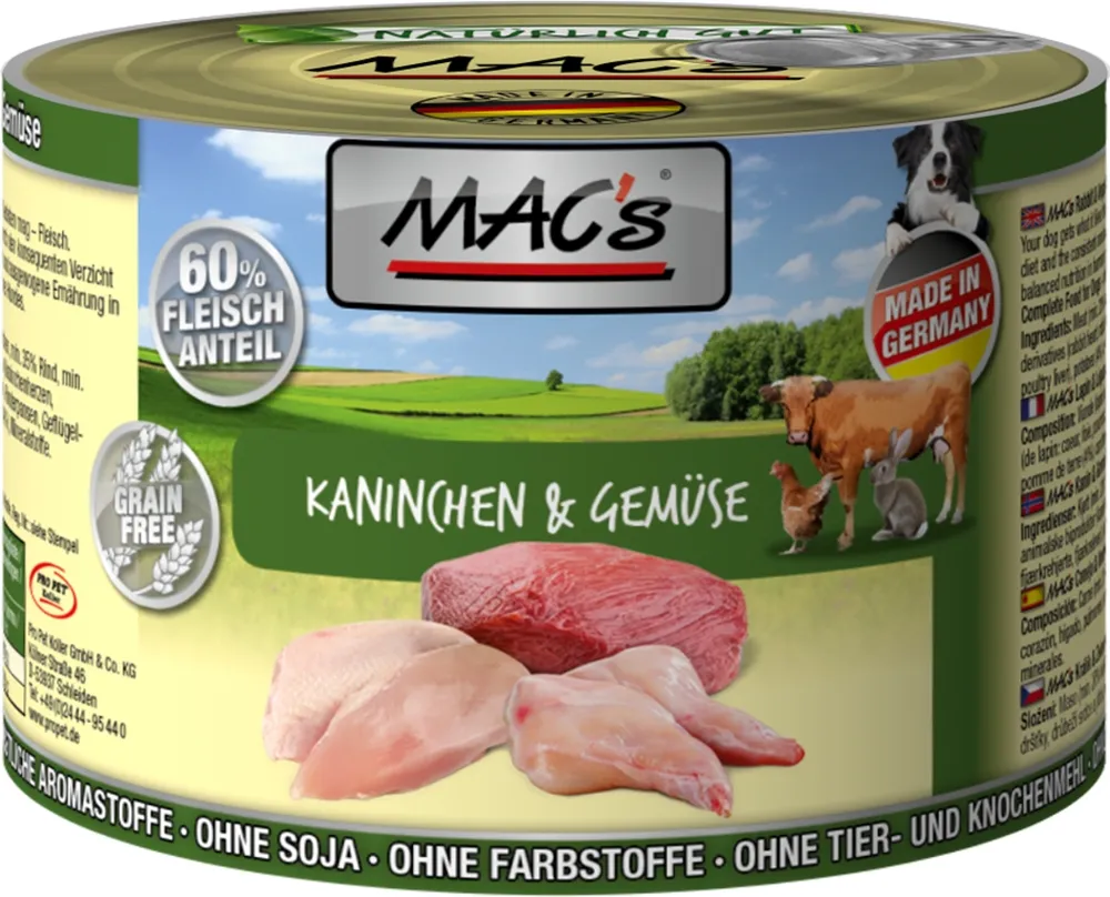 Mac's Dog Adult Rabbit - Пълноценна консервирана храна за израснали кучета , без зърно , с заешко и зеленчуци, 4 броя х 200 гр.