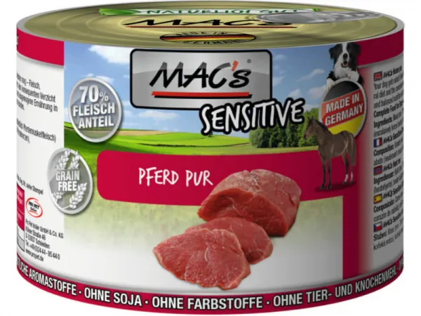 Mac's Dog Sensitive Adult Horse - Пълноценна консервирана храна за израснали кучета с чувствителен стомах, без зърно , с конско месо, 2 броя х 200 гр.