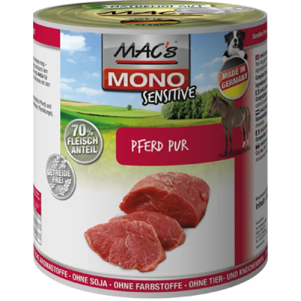 Mac's Dog Sensitive Adult Horse - Пълноценна консервирана храна за израснали кучета с чувствителен стомах, без зърно , с конско месо, 2 броя х 400 гр.