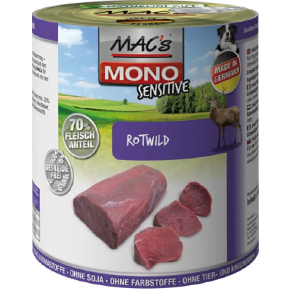 Mac's Dog Sensitive Wild and deer - Пълноценна консервирана храна за чувствителни кучета, без зърно, с месо от дивеч и елен, 2 броя х 400 гр.