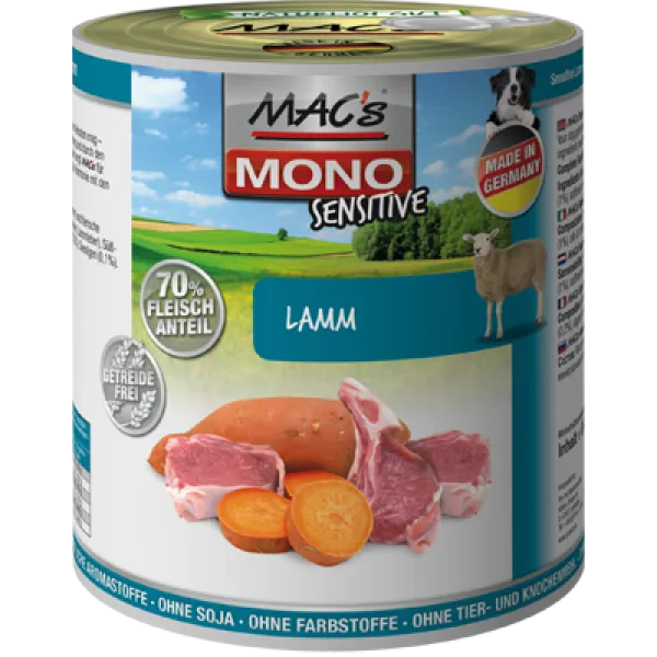 Mac's Dog Sensitive Lamb and carrot - Пълноценна консервирана храна за кучета с чувствителен стомах, без зърно ,с агнешко и моркови, 2 броя х 400 гр.