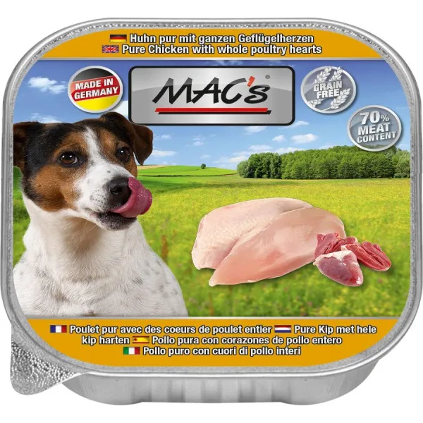 Mac’s Dog Pure Chicken with Whole Poultry Hearts - Пълноценна храна за кучета - пастет с чисто пилешко месо с цели пилешки сърца, 5 броя х 150 гр.